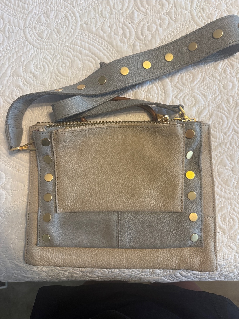 Hammitt Taupe Leather Crossbody with Gold Studs